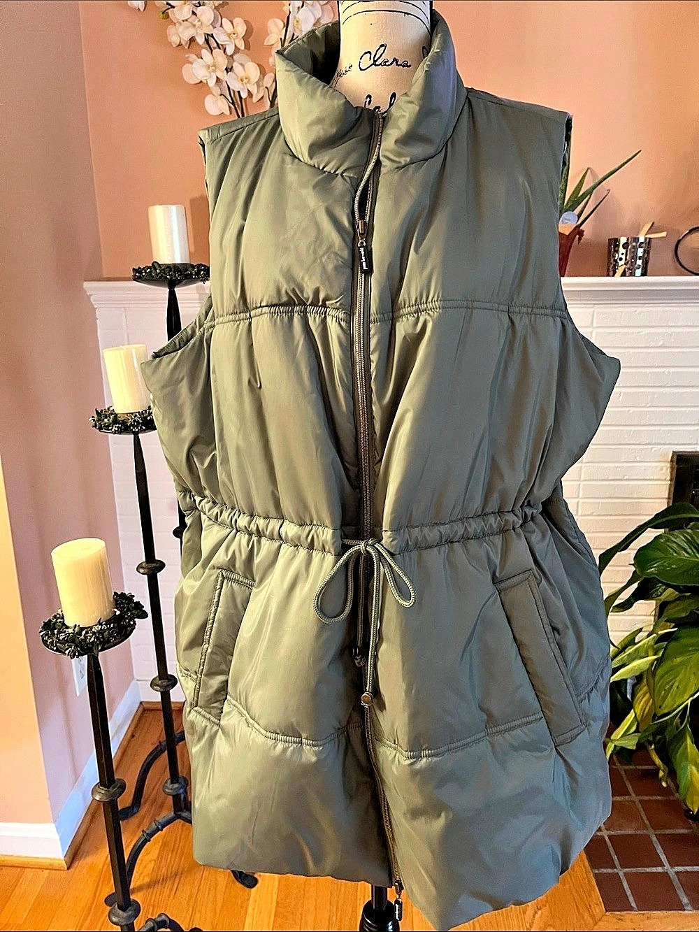 Peace Love World Puffer Vest with Cinch Waist Green 2X